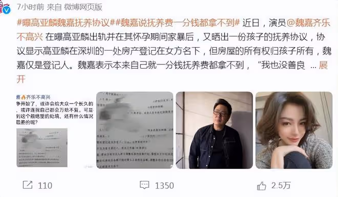 高亞麟魏嘉撫養協議曝光:深圳房產歸孩子所有,女方拿不到撫養費