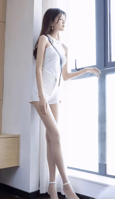 清新美女坐姿優雅，白衣褲勾勒高挑身姿