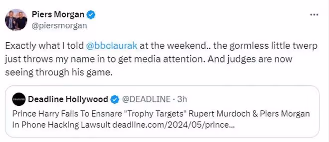 落井下石!哈里王子遭遇法庭挫折,皮爾斯·摩根嘲笑他