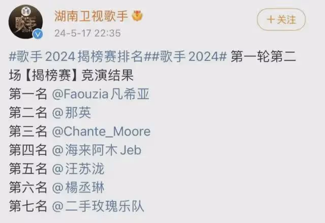 歌手第二期:二手玫瑰楊丞琳被淘汰!那英第2,杭蓋凡希亞表現佳