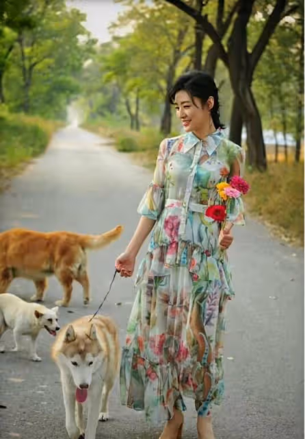 52歲周濤去遛狗都穿這麼美,印花連衣裙配魚骨辮,顯貴不止10倍