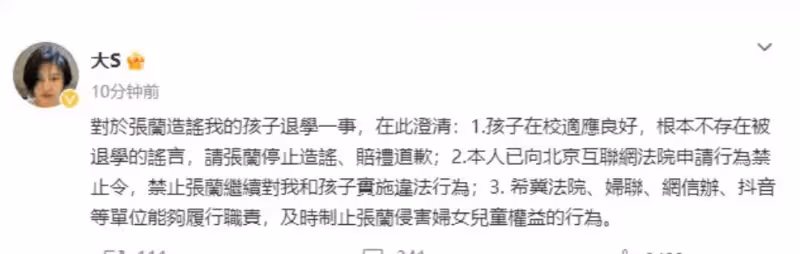 大S回應兒子被退學傳聞，表示這是張蘭的造謠！