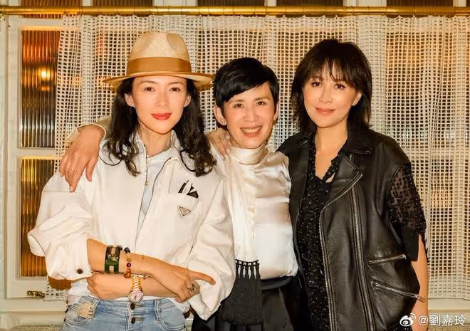 章子怡劉嘉玲吳君如罕同框,三位女神聚會小酌,搭肩合影關係超好