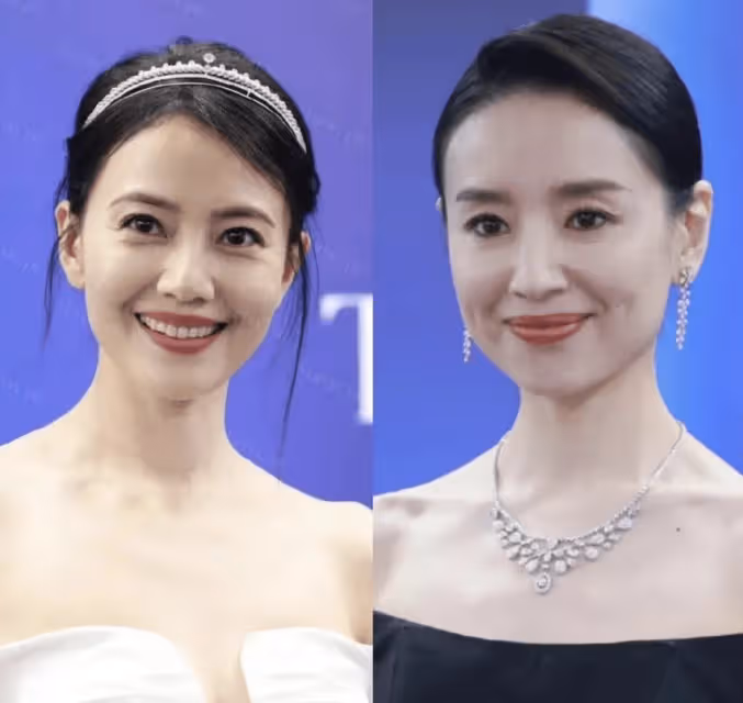 43歲董潔戴百萬珠寶亮相,身材幹癟臉帶苦相,與高圓圓同框差距大