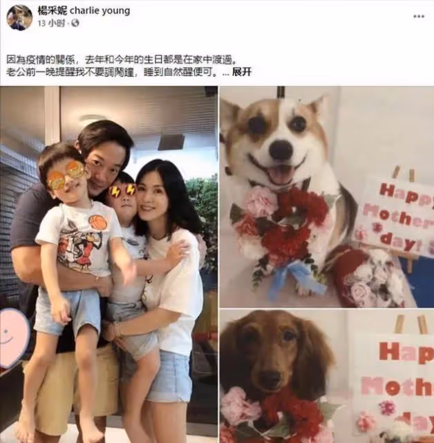 楊采妮一家4口為她慶生，她淚溝搶鏡，雙胞胎兒子顏值被老公拉垮