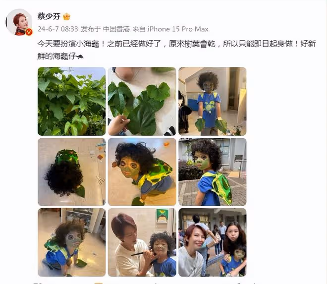 蔡少芬4歲兒子扮海龜,娘娘親手為寶貝做造型,魚蛋滿臉彩繪超萌