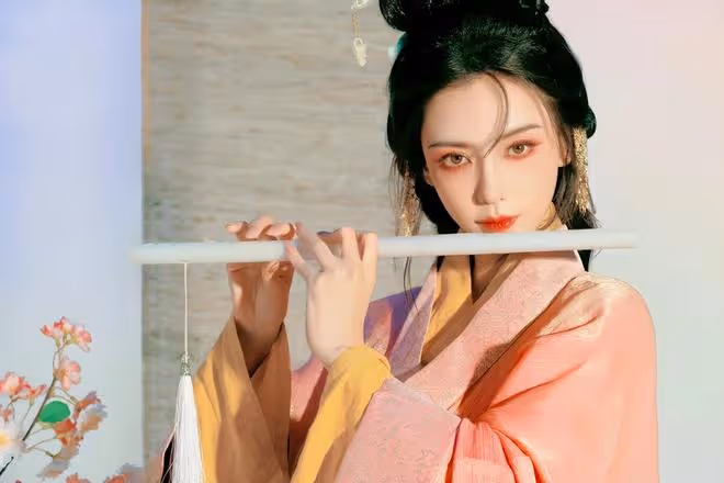 楊穎端午節寫真曝光,穿粉色古裝吹長笛,天生麗質美出新高度