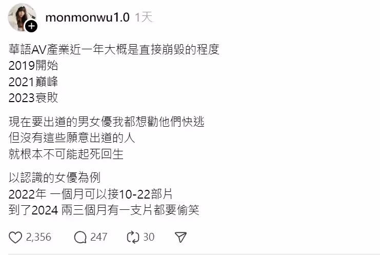 女優吳夢夢談華語AV產業崩盤　工作量銳減「3個月1支就要偷笑」