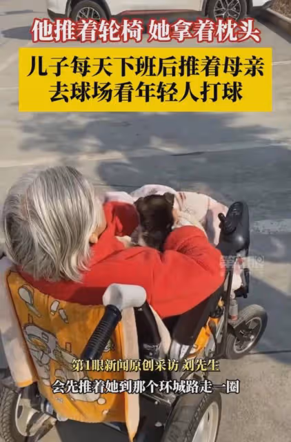 兒子每天下班後推著母親看年輕人打球,網友:這就是養兒子的意義