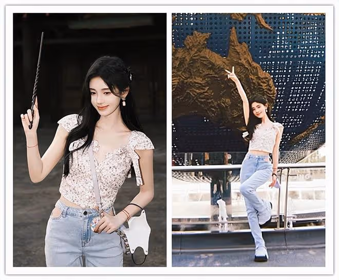 鞠婧禕火出圈的穿搭都很美，簡單的牛仔服裝，也是不平凡的