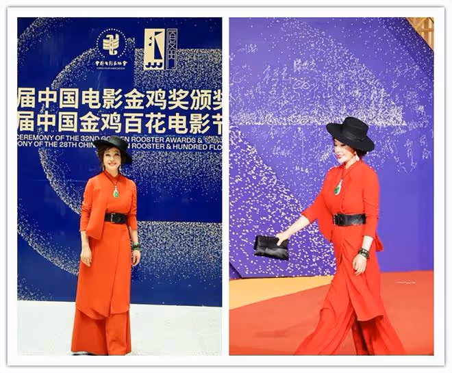 劉曉慶很適合穿紅色的服裝，又喜慶又顯年輕，搭配方式也很獨特