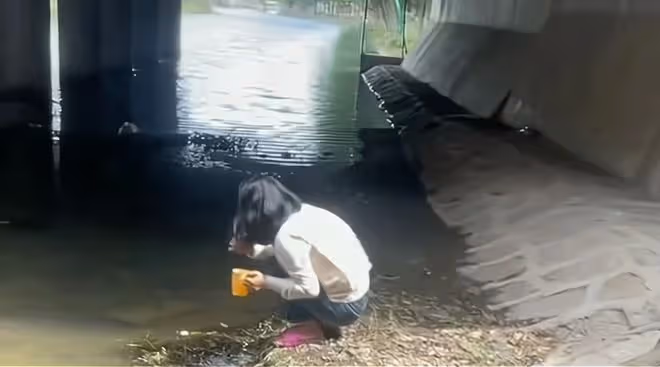 女子流浪在外，沒錢只能住橋洞，用河水洗漱時被一男子看見後收留
