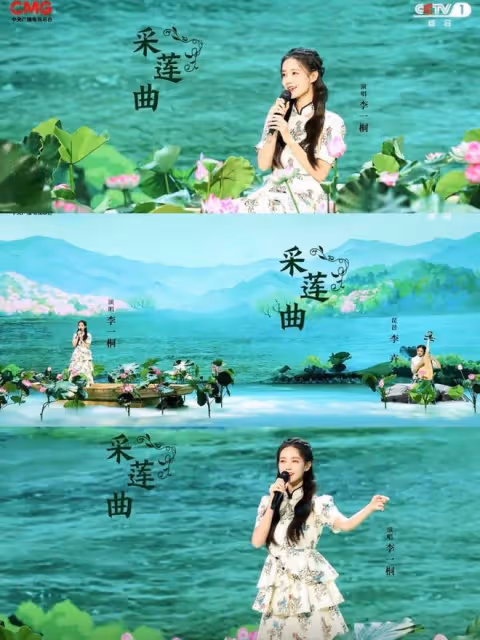 李一桐有小姑娘的嬌羞感，穿國風印花套裙，淑女優雅氣質很出眾