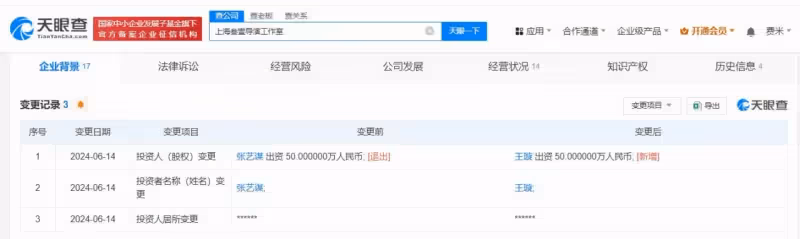 張藝謀退出名下工作室,新增王璇為投資人