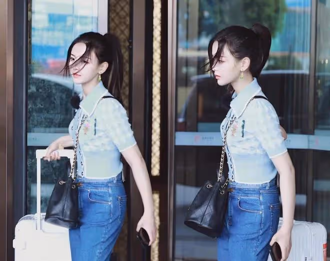 楊超越的時尚感是真強！甜美長相配上藍色襯衫，氣質十足穿搭滿分