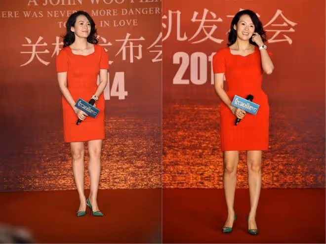 章子怡的氣場是別人模仿不來的，穿紅裙韻味十足，梳大光明也好看