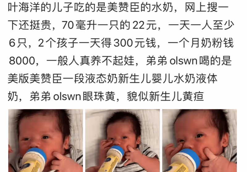 太壕了!葉海洋曝光高端喂養方式,奶嘴是一次性的,一天超300元