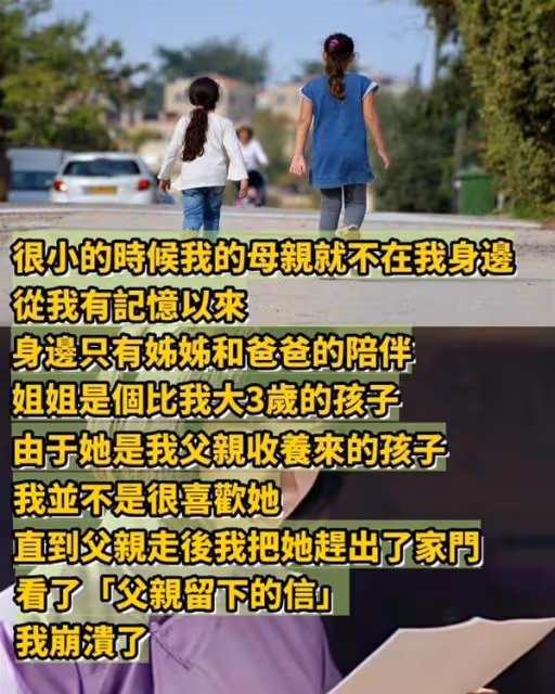 很小的時候我的母親就不在我身邊，從我有記憶以來身邊只有姊姊和爸爸的陪伴。姐姐是個比我大3歲的孩子，  由於她是我父親收養來的孩子我並不是很喜歡她。直到父親走後我把她趕出了家門，看了「父親留下的信」我崩潰了~