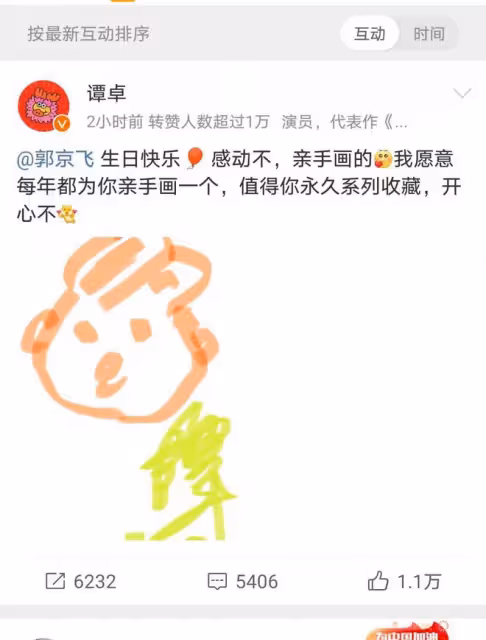 譚卓手繪送祝福,郭京飛生日收「靈魂畫作」,友情深厚引讚嘆
