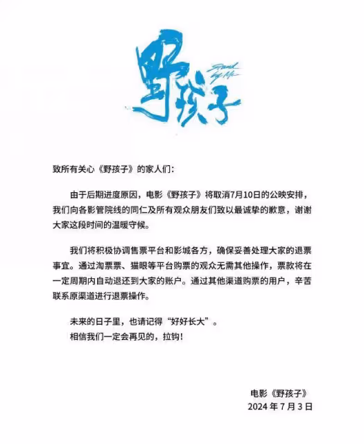 電影《野孩子》官宣撤檔！因後期進度原因將取消7月10日公映
