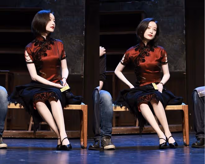 倪妮真是濃顏系大美女，化濃妝配綠裙好顯白，肌膚"反光"太迷人