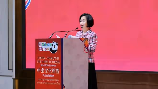 61歲何超瓊出席中泰文化大會,面容略顯疲憊,穿粉衣加分不少