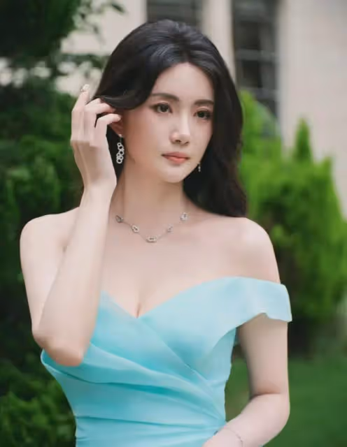 趙昕驚艷照片，藍色抹胸連衣裙勾勒完美曲線，撩裙瞬間魅力四射！