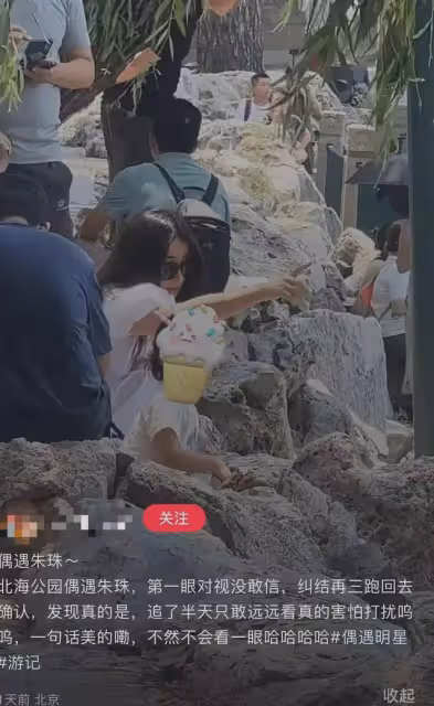 朱珠帶女兒逛北海公園,老公跟在身後像路人,2歲寶貝滿頭自來卷