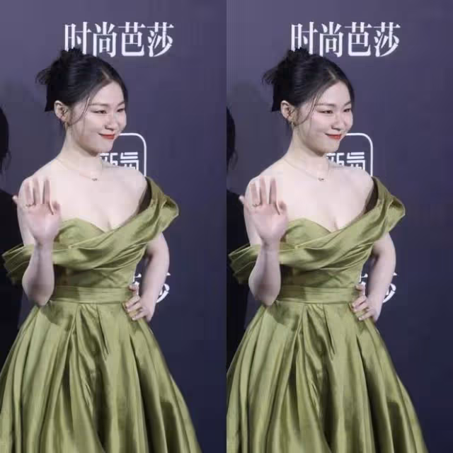 金靖真是深藏不露！穿一字肩綠色禮服，皮膚白得晃眼身材也吸睛