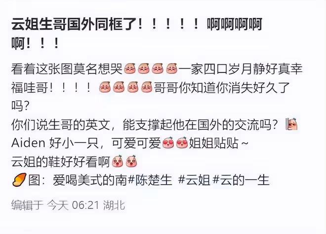 陳楚生一家四口國外旅遊,當眾向妻子撒嬌,劉雲四肢纖細星味十足