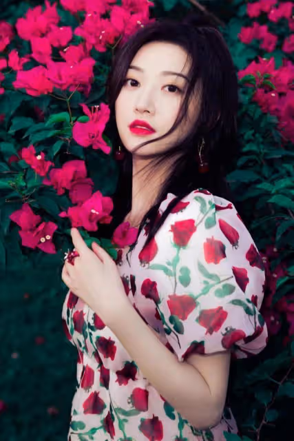 景甜不穿旗袍也驚艷，穿碎花裙打扮復古明艷，不愧是人間富貴花