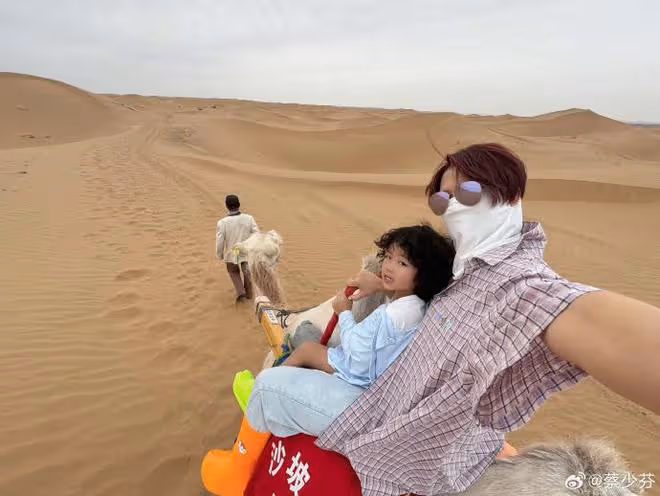 蔡少芬張晉帶兒子出遊,一家人騎駱駝穿越沙漠,4歲魚蛋超像爸爸