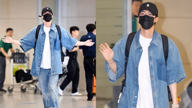 BTS JIN傳完奧運聖火超放鬆　穿GUCCI丹寧裝返韓腳步很輕盈