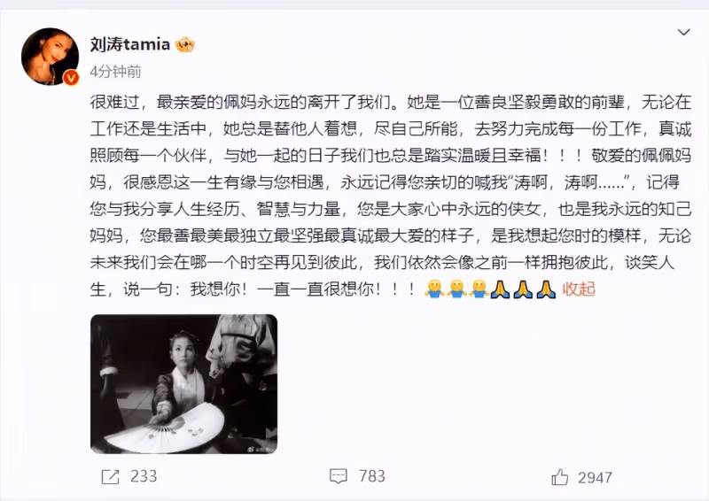 劉濤發文悼念鄭佩佩,IP位址顯示在美國