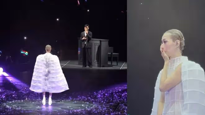 鄭秀文演唱會與老公合唱《世紀末煙花》淚如雨下,許志安微笑點頭回應