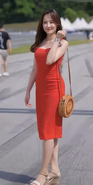 街頭倩影:紅色連衣裙美女街邊攝影,優雅又美麗