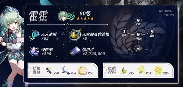 《崩壞：星穹鐵道》藿藿養成材料統計