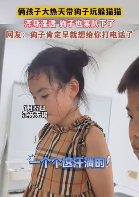 笑噴！倆孩子大熱天帶狗子玩躲貓貓，渾身濕透，狗子也累趴下了