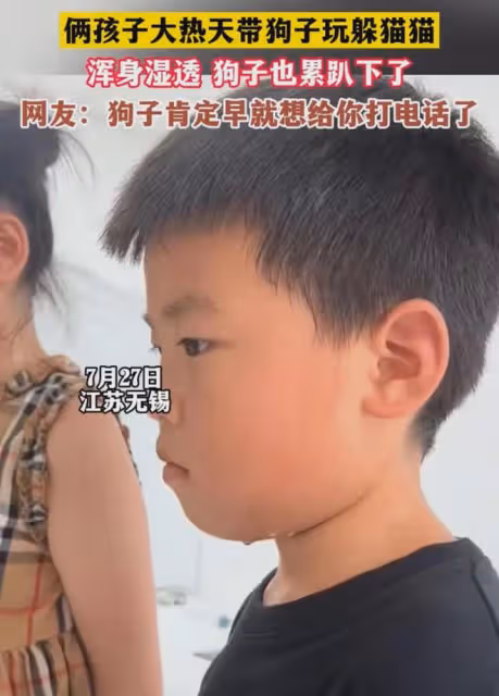 笑噴！倆孩子大熱天帶狗子玩躲貓貓，渾身濕透，狗子也累趴下了