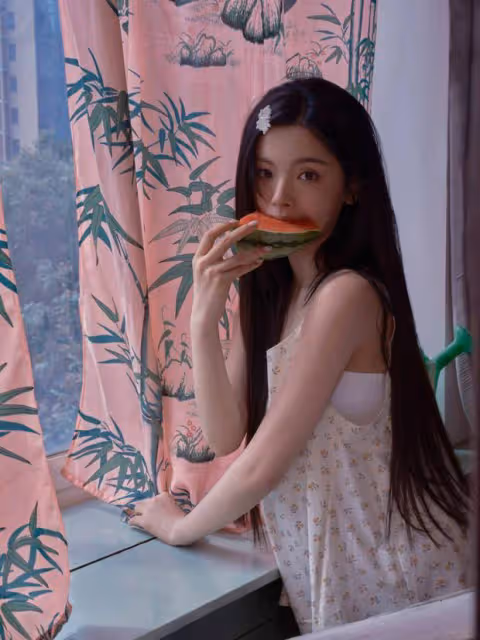 楊超越炎炎夏日居家照：弔帶睡衣搖蒲扇，吃西瓜甜美可愛