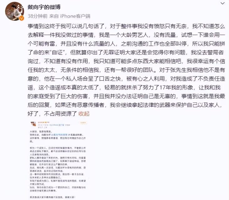 「大齡男藝人」戴向宇回應張昊唯道歉:無奈之下,唯有自證