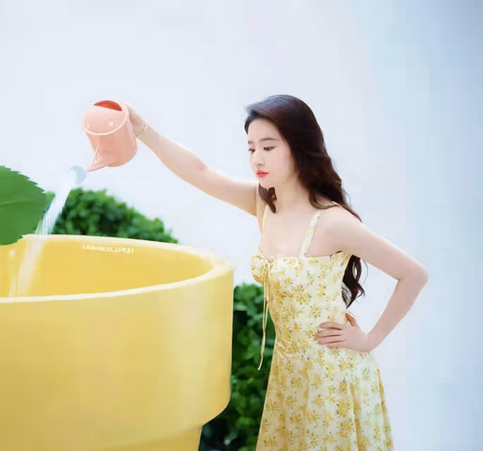 8月8日劉亦菲夏日新造型：弔帶裙配澆水壺，清純甜美氣質爆棚！