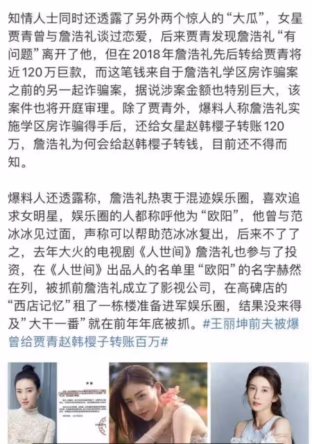 王麗坤老公嫖娼花數百萬元給眾女星轉帳!賈青澄清遭打臉