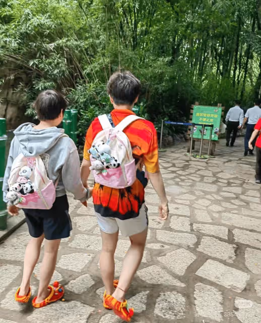 全紅嬋陳藝文現身長隆動物園遊玩,穿一樣的拖鞋,背包掛滿熊貓