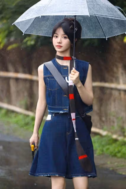 田曦薇牛仔套裝路透照釋出,雨中漫步清涼感十足,網友:太美了!