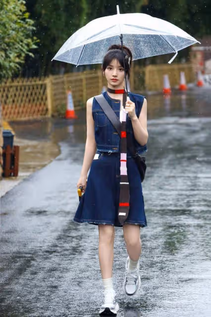 田曦薇牛仔套裝路透照釋出,雨中漫步清涼感十足,網友:太美了!