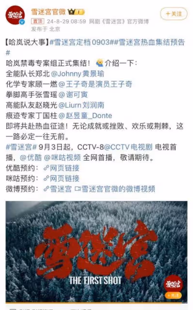 張藝謀監製網劇《雪迷宮》定檔,黃景瑜、章宇攜手緝毒