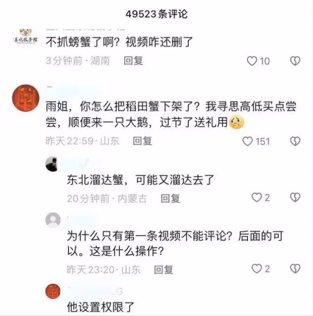 千萬網紅東北雨姐又塌房?白天在稻田抓盤錦蟹疑造假,相關視頻已下架
