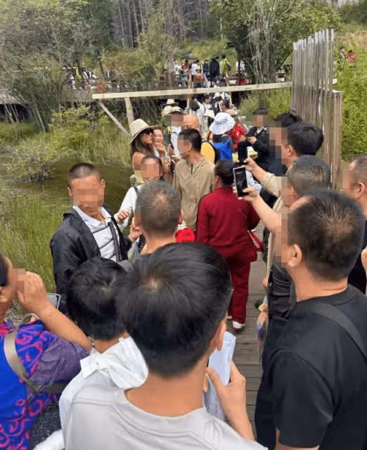 鄭欽文和爸爸媽媽來九寨溝旅遊,一身度假造型,很溫柔很漂亮