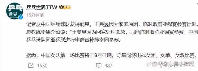 王曼昱亞錦賽退賽,國乒總教練李隼解釋原因:回家處理變故